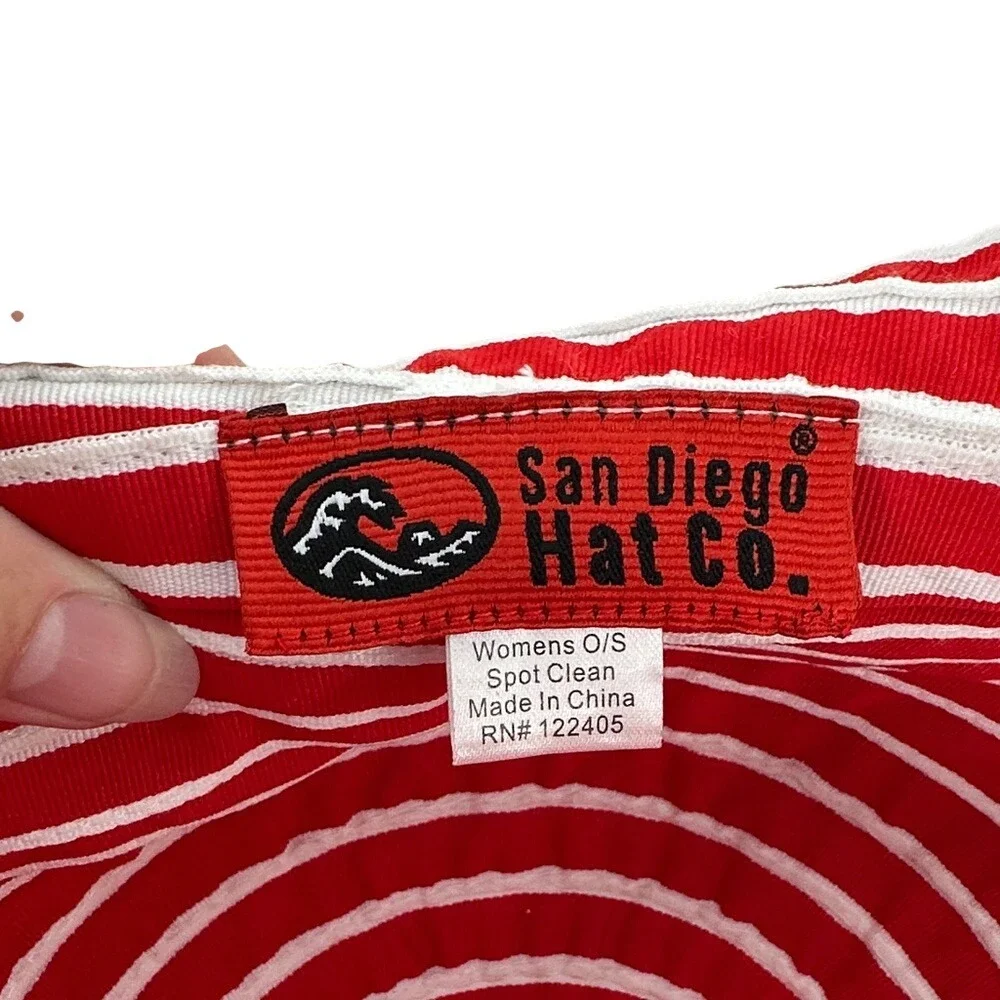 San Diego Hat Co Womens Red‎ White Striped Wide Brim Sun Hat Ribbon Bow O/S
